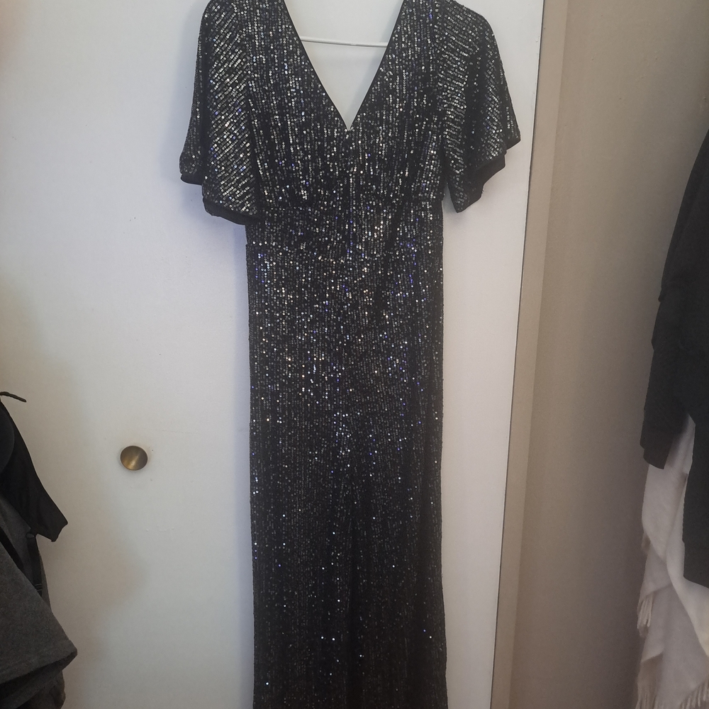 Black Sequin V-Neck Maxi Dress with Flutter Sleeves